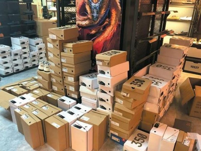 branded rep sneaker box inventory storage at factory warehouse